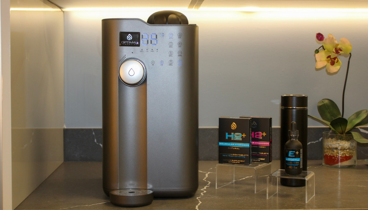Optimal Hydration full system - OH-1 water purification system, H2+ Molecular Hydrogen Tablets, and E+ Natural Electrolytes and custom Ceramic water bottle