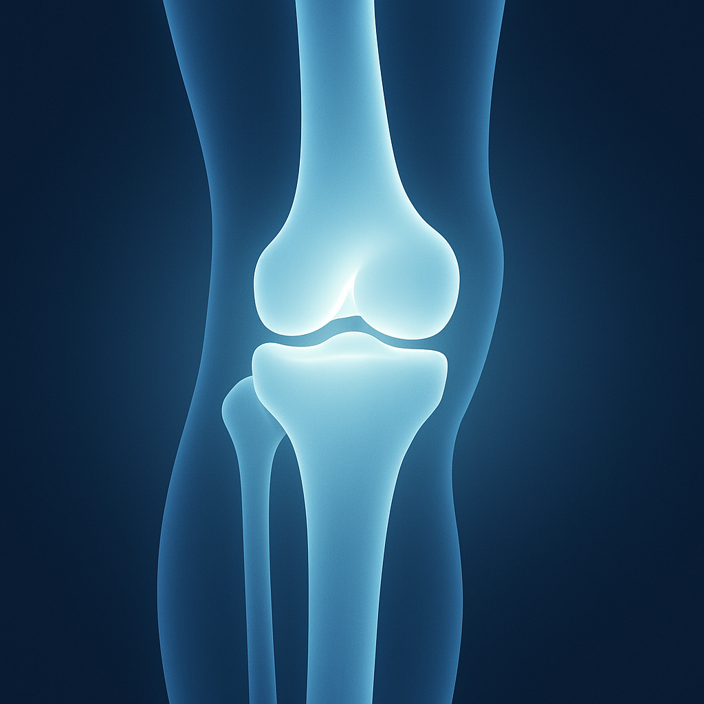 X-ray-like image of a knee joint on a dark blue background
