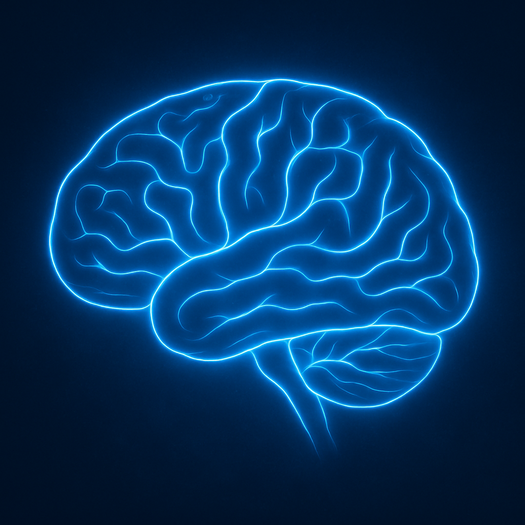 Neon blue outline of a brain on a black background