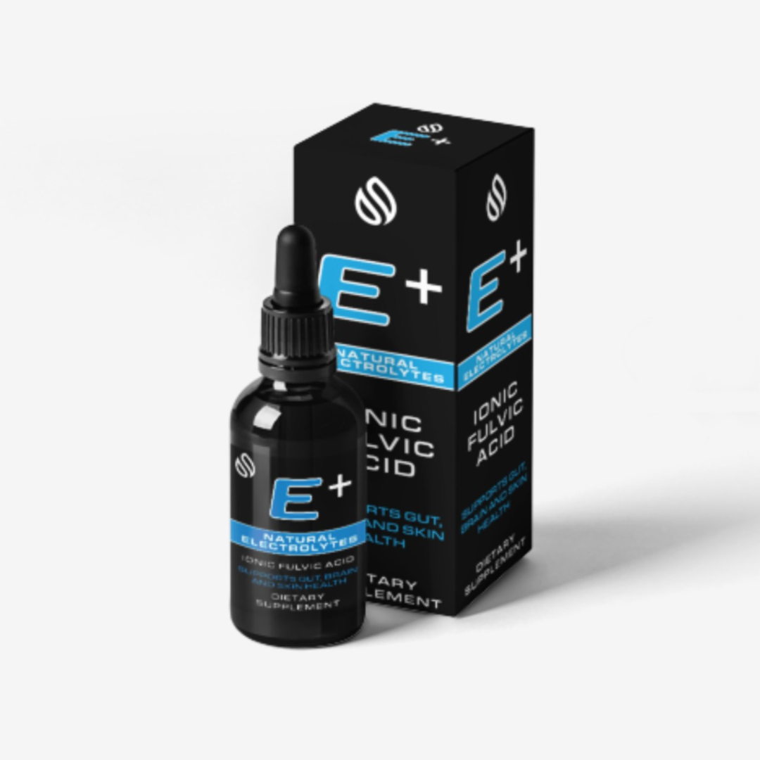 E+ Natural Electrolytes supporting gut, brain, skin health with ionic fulvic acid