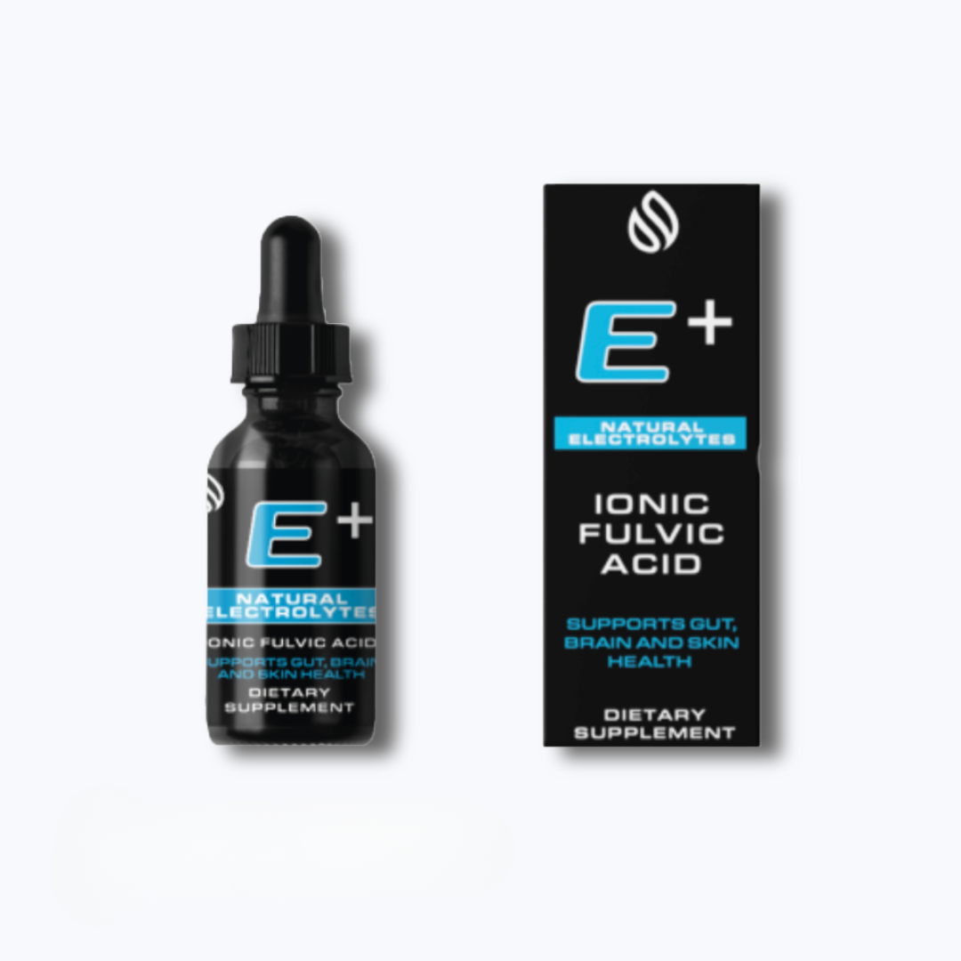 Black bottle and packaging of E+ Ionic Fulvic Acid Electrolyte on a white background