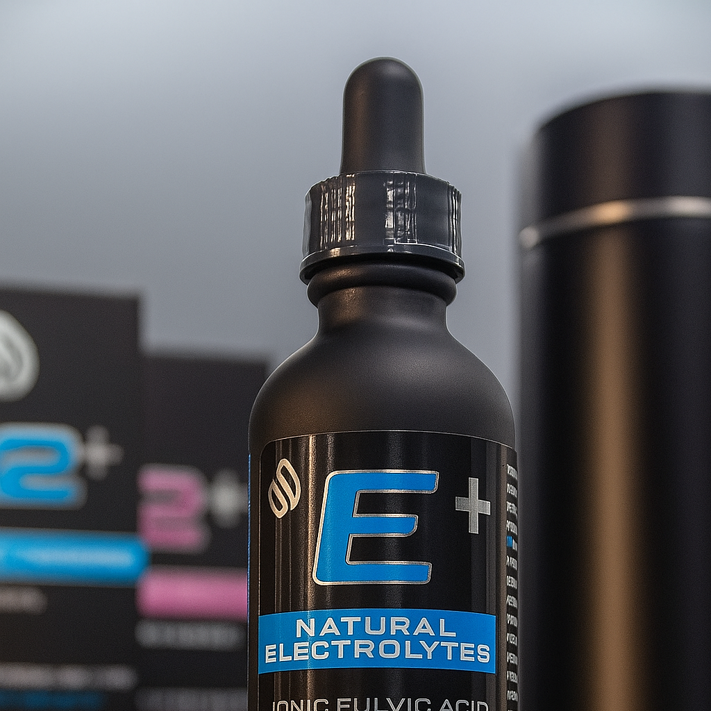 Black bottle with dropper labeled 'E+ Natural Electrolytes' on a blurred background