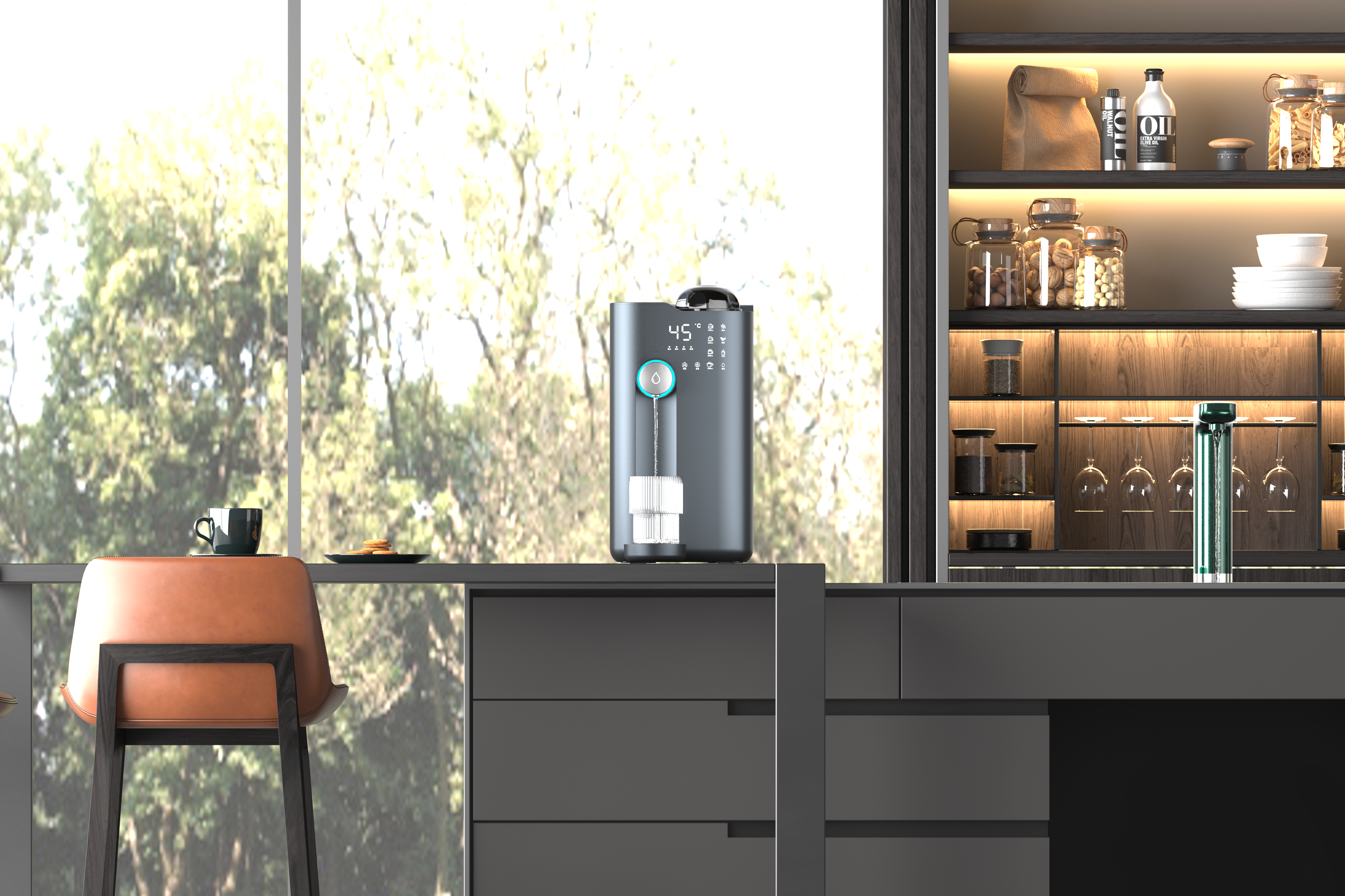 Modern kitchen with OH-1 Desktop plug-and-play 6 stage reverse osmosis water purification system