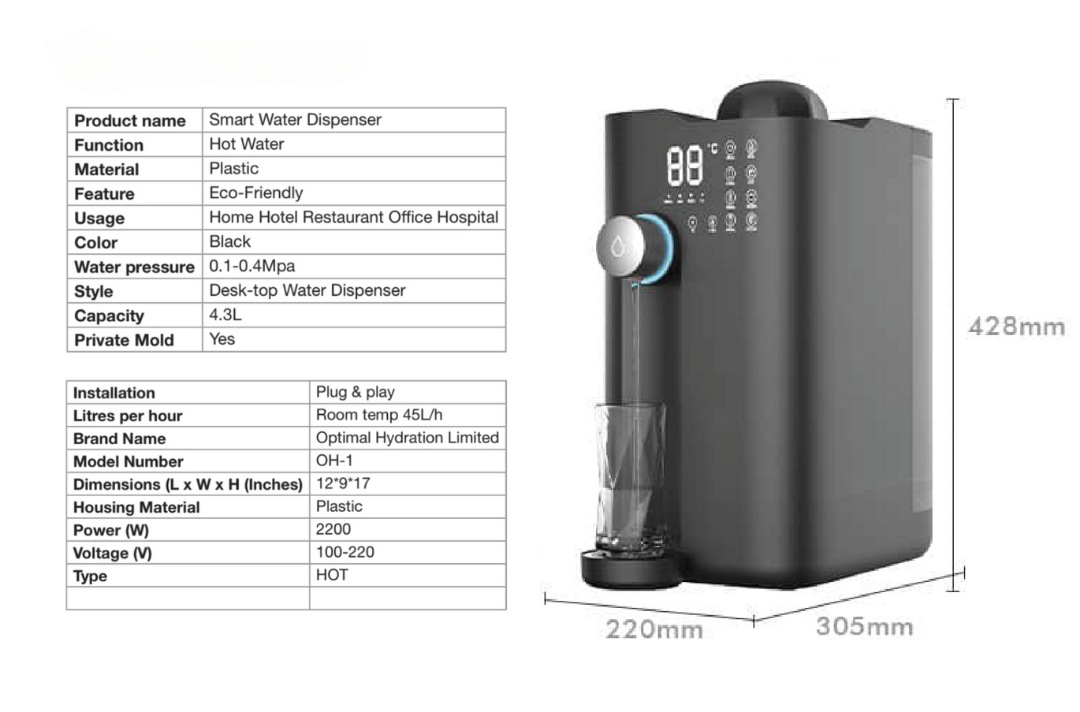 OH-1 Desktop Plug-&-Play Water Purification System | 6 Stage Reverse Osmosis | Hydrogen-Rich Water & UV Sterilisation (4 Water Volumes & Temperature Modes)