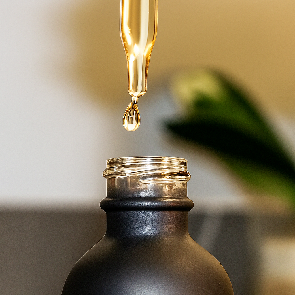 Gold dropper with a drop of E+ Natural Electrolyte over a black bottle on a blurred background