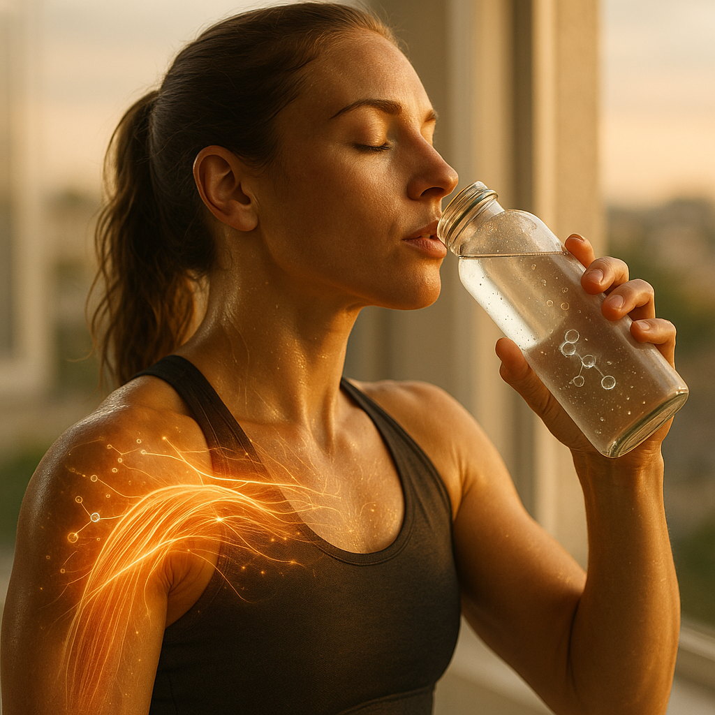 Visual of muscle recovery at the microscopic level, showing glowing cells rejuvenating after exertion. Overlay of water molecules entering cells. Clean and modern style.