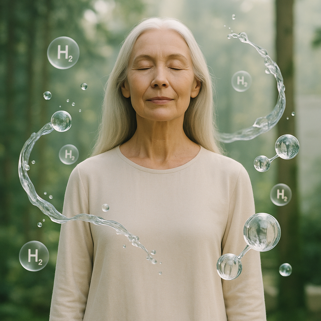 A conceptual visual of cellular regeneration and longevity — glowing DNA helix surrounded by molecular hydrogen particles in water. Smooth, elegant, and future-focused design.