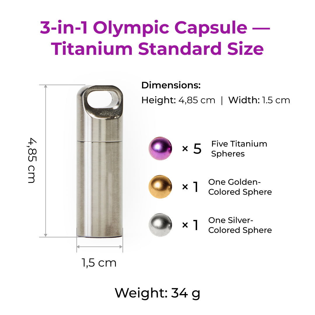 3-in-1 Olympic Capsule Titanium Standard Size — dimensions and contents