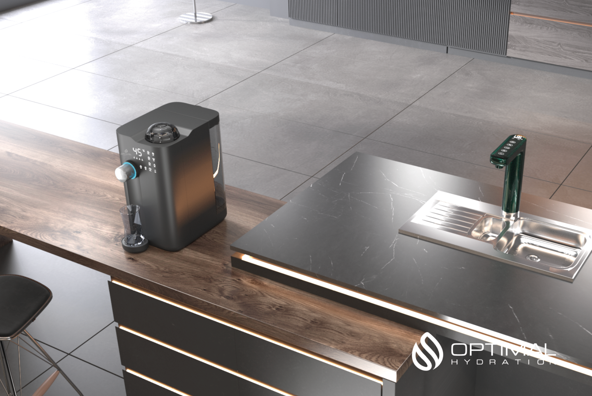 OH-1 Desktop water purification tank on kitchen counter in a modern kitchen